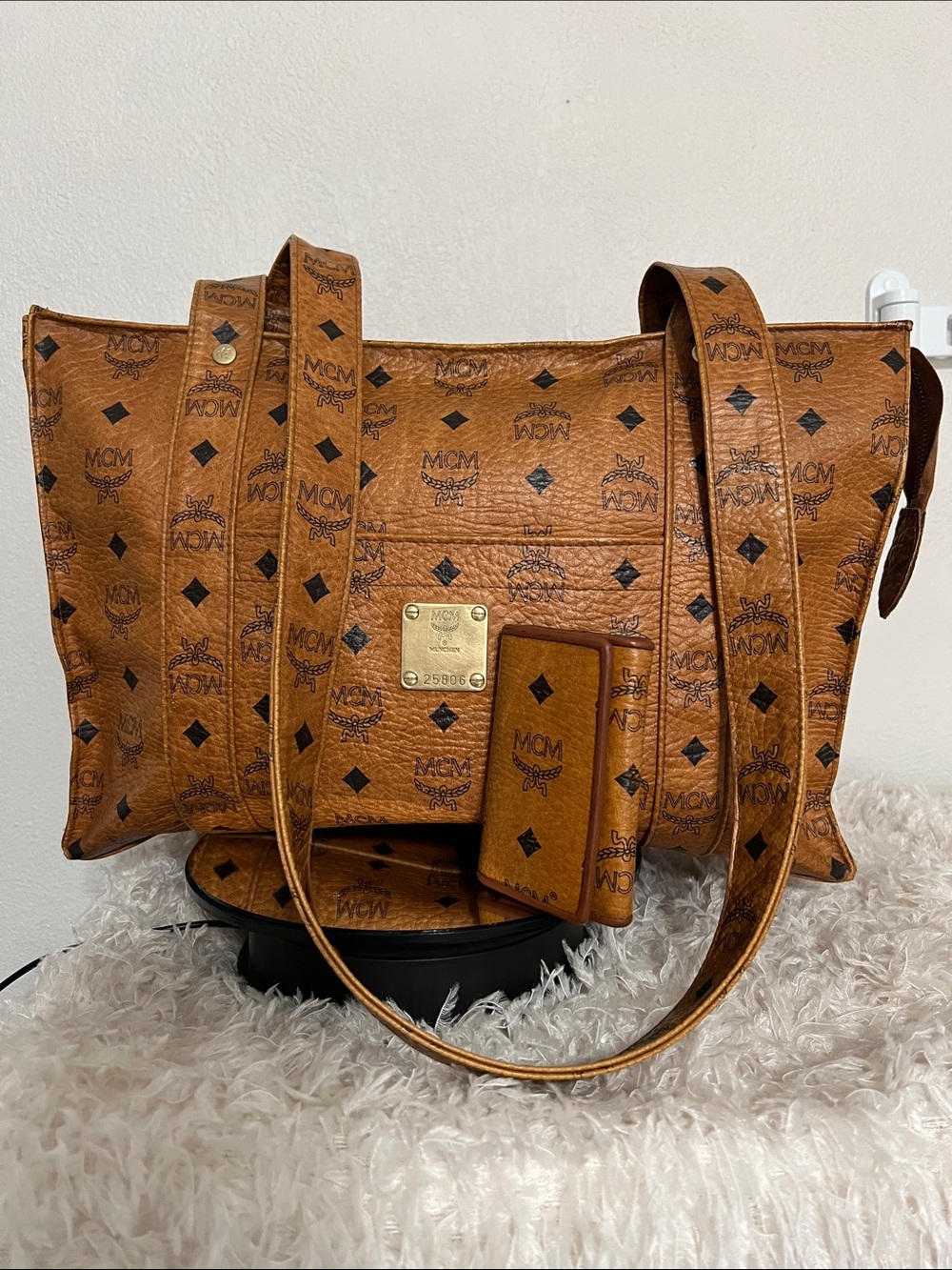 MCM Cognac Visetos Monogram Shoulder Bag and Key Holder